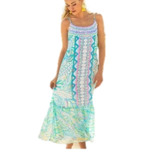 Lilly Pulitzer Dresses & Skirts - Lilly Pulitzer Winni Midi Dress Spaghetti Strap Ruffle Hem Tropical Leaf Print